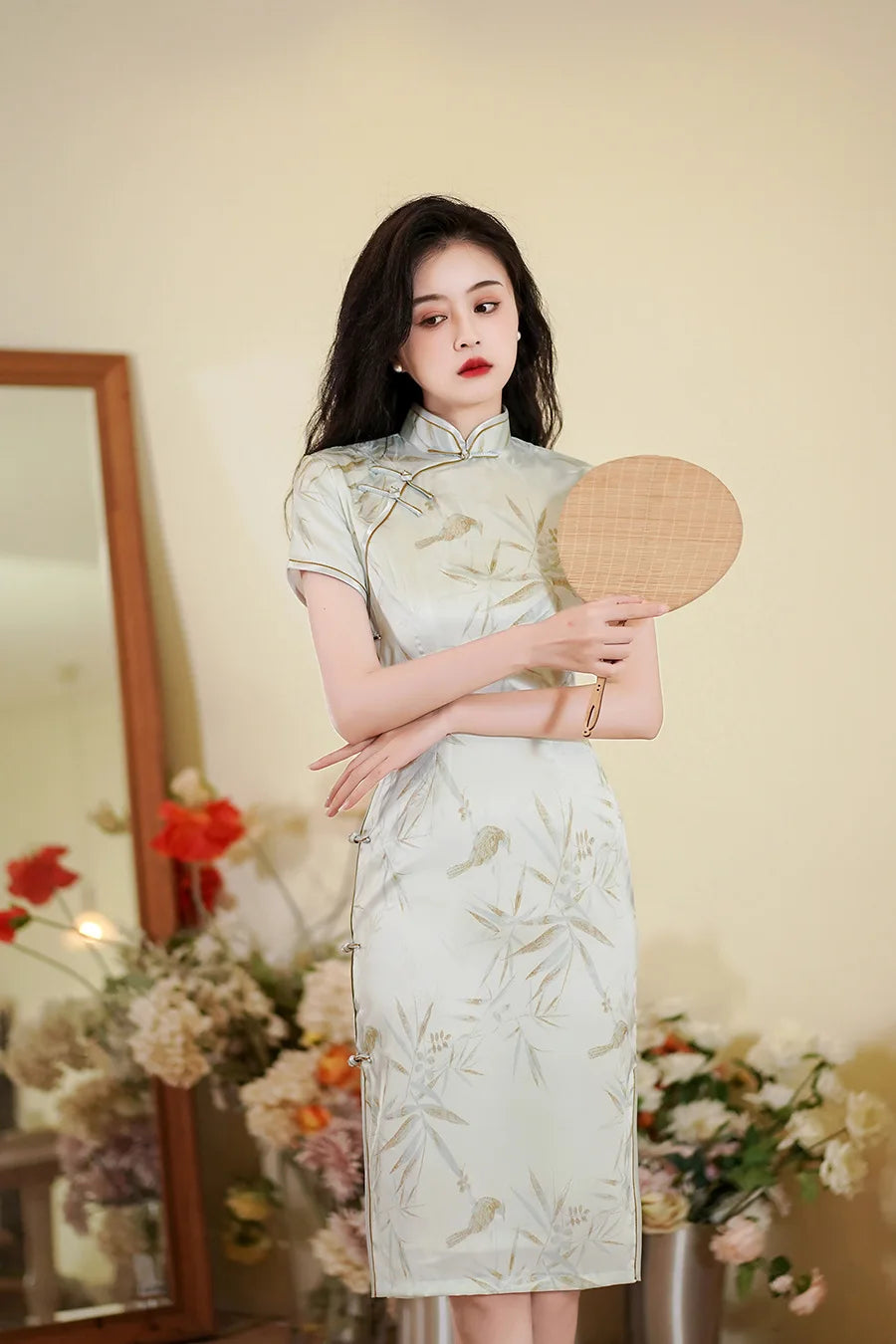 Chinese Style Dresses Women Green Print Cheongsams Elegant Chinese Traditional Dress Satin Vestido Chino Oversize 3Xl4Xl Qipao - Seprincess