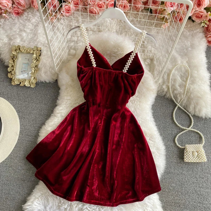 Women's Mini Party Dress French Retro Black Red Sling Velvet Dress New Waist Female Sexy Short Dresses HH193 - Seprincess