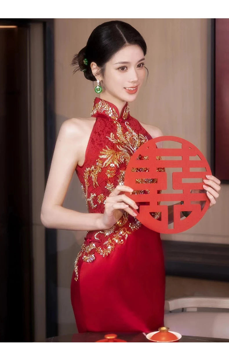 Autumn Traditional Chinese Clothing Qipao Red Sleeveless Stand Collar Embroidery Cheongsam Wedding Dress Elegant Evening Dress - Seprincess