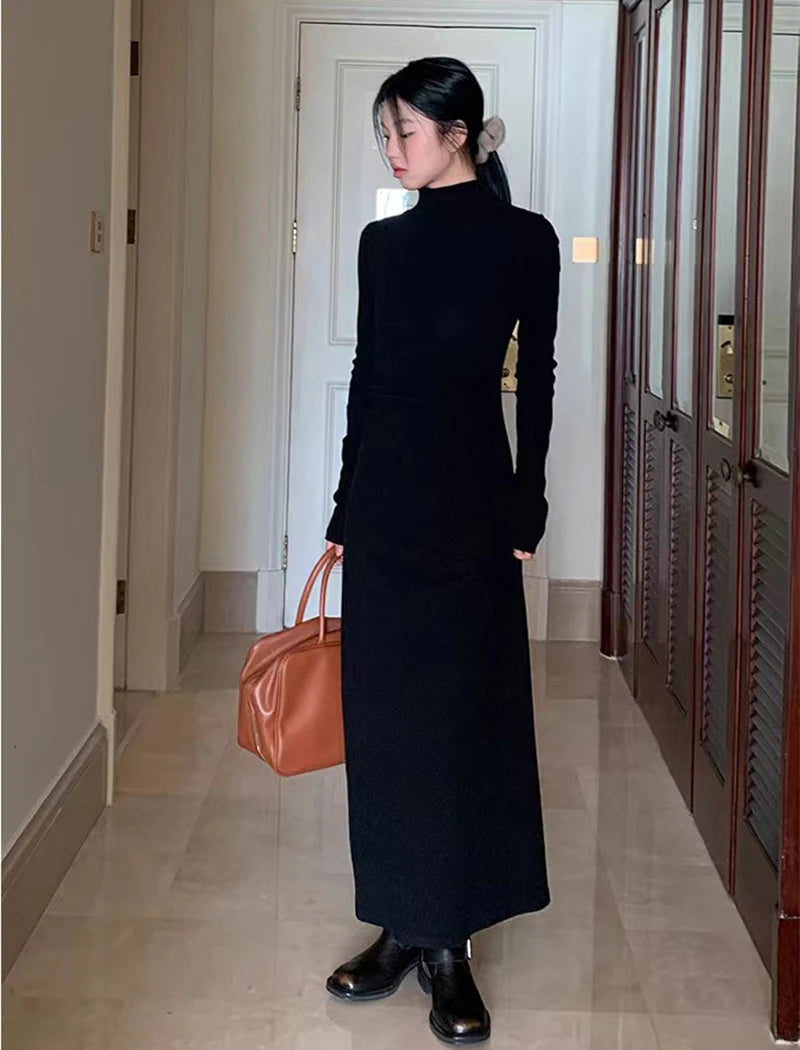 Autumn Half Turtleneck Dress Women Korean Elegant Black Hepburn Style Midi Dress Y2K High Waist Long Sleeve Warm A Line Vestidos