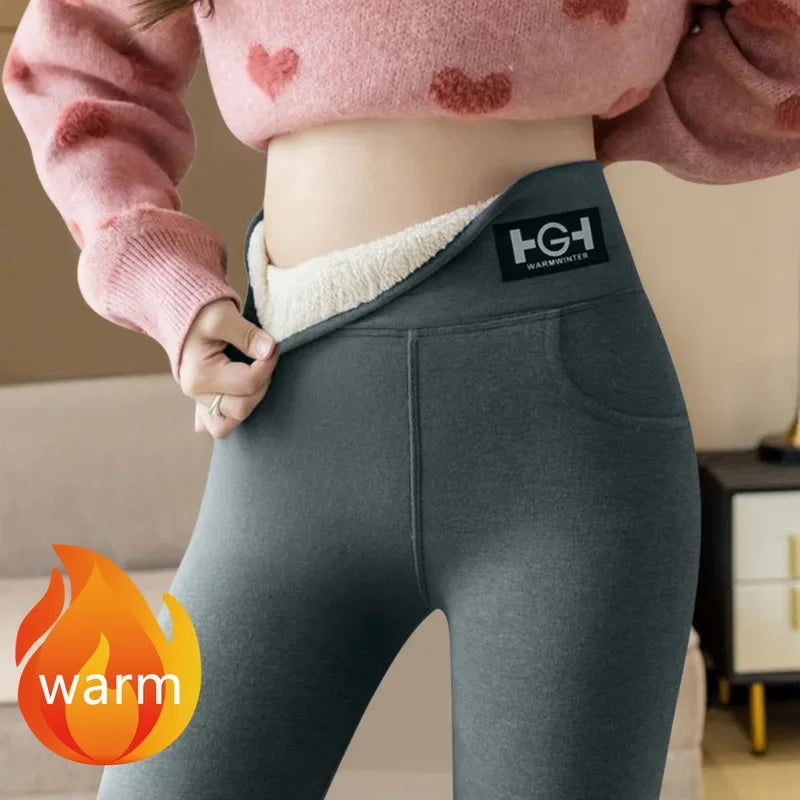 Women Winter Leggings Solid Warm Leggings Thicken Lamb Cashmere Hight Waist Butt Lift High Stretchy Walking with Pocket Pants