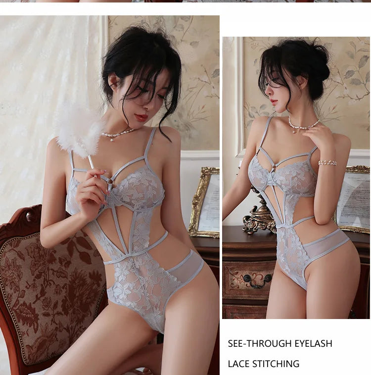 Bodysuit Lace tight suspender hollowed out mesh see through embroidery Women's pajamas body sexy sissyfikation sexy for woman - Seprincess