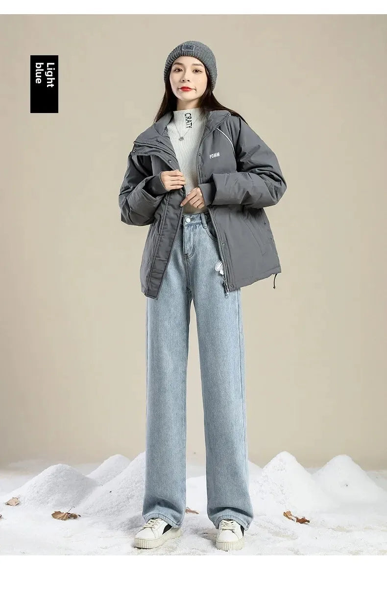 Autumn/winter Deep Color Wide-leg Fleece-lined Warm Jeans Women's Outerwear Slimming Loose-fit Straight-leg Model Pants