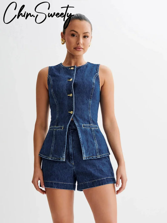 Casual Denim Shorts Sets for Women Sleeveless Single Breasted Split Top Vest High Waist Wide Leg Shorts Suit Female Lady Set - Seprincess