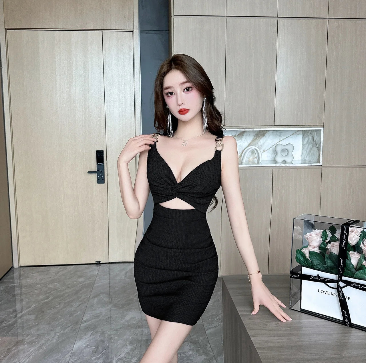 Kimotimo Women Sexy V Neck Hollow High Waist Clubbing Dress Temperament Sleeveless Backless Slim Fit Party Mini Dresses Summer