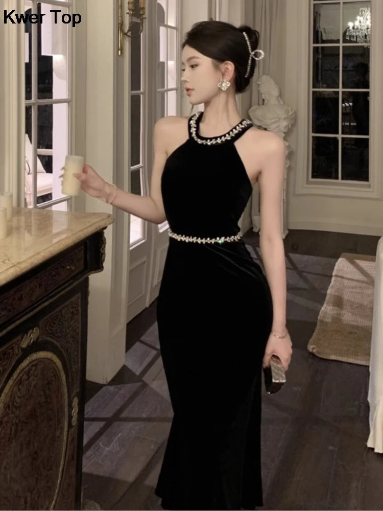 Woman Sexy Backless Bow Black Mermaid Dresses French Vintage Temperament Party Dress Ladies Chic Luxury Velvet Robe - Seprincess