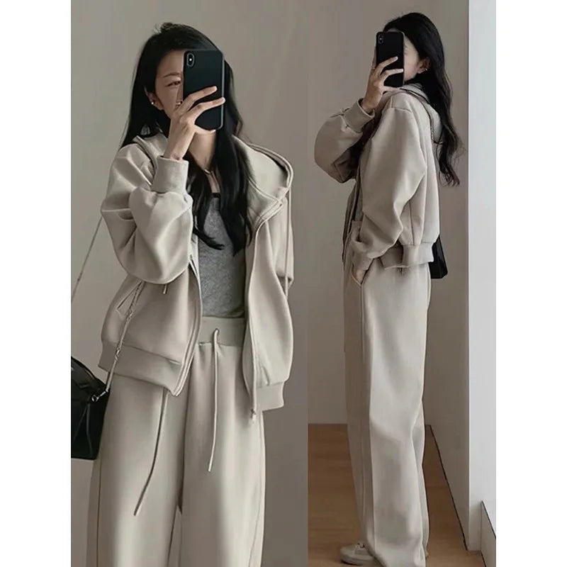 2024 Autumn Winter New Solid Loose Women's Hoodie and Sweatpants Two Piece Set Korean Fashion Y2k Zip Up Hoodie Sweatshirts - Seprincess