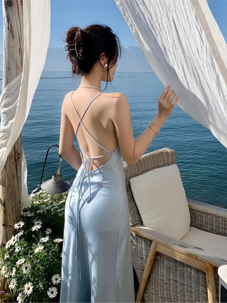 Summer Sexy Ice Blue Satin Strap Backless Silk Strap Dress vestido invitada boda vestidos de cerimonia para casamentos robe - Seprincess