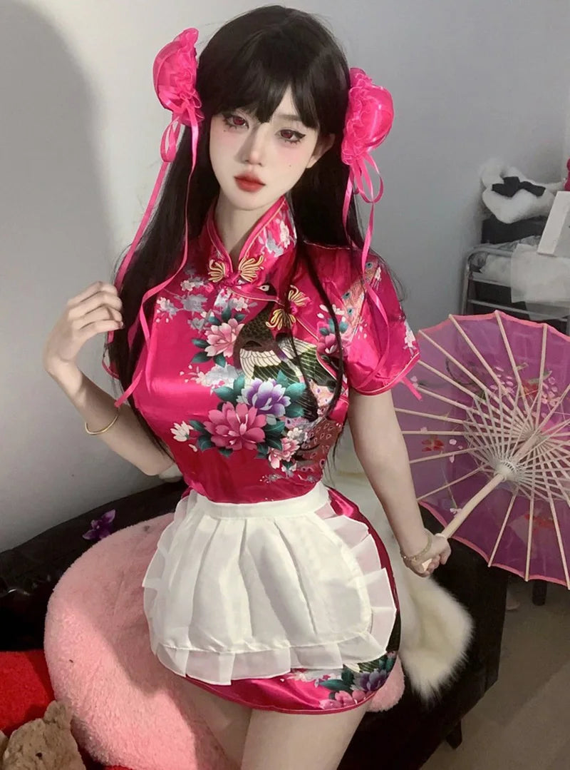 Sexy Chinese Women Cheongsam Cute Maid Role Play Outfit Apron Dress Uniform Kawaii Anime Little Chef Qipao Cosplay Costume - Seprincess