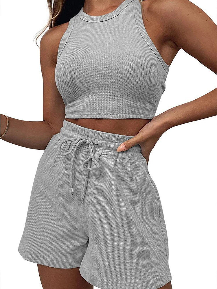 2024 Summer New Sleeveless Waffle Elegant Women's Sets Solid Color Sexy Waist Vest Casual Tethered Shorts Female's Two-Piece Set - Seprincess