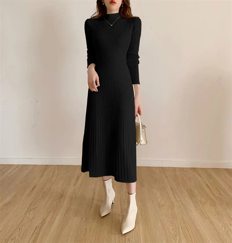 2024 Winter New Slim Long Sleeve Party Dress Womens Knitted Half High Neck Elegant Knitted Sweater Dress Women - Seprincess