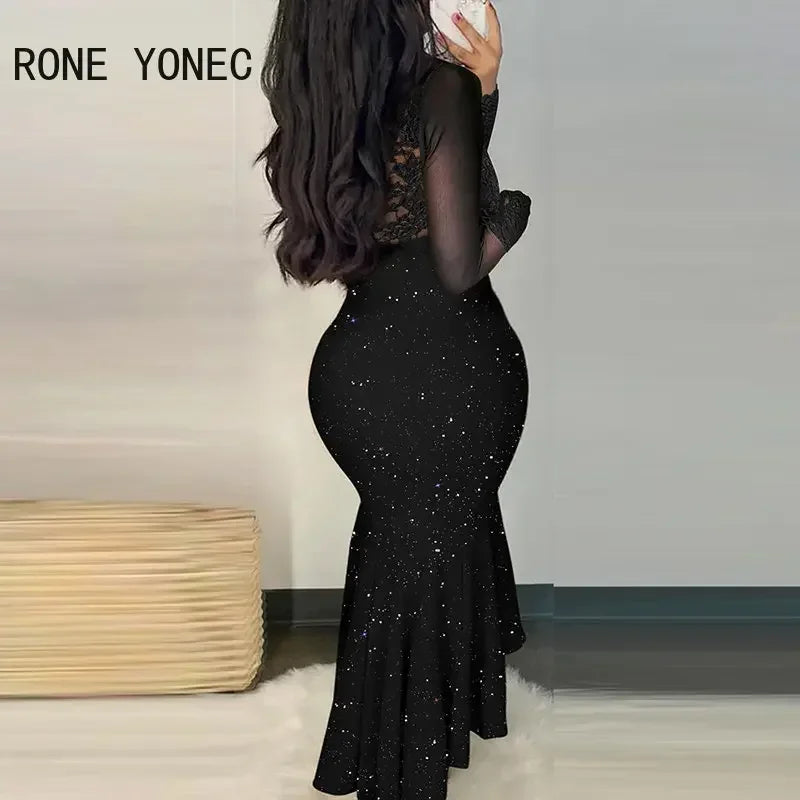 Women Glitter Chic Lace  V Neck Long Sleeves High Silt Maxi Mermaid Bodycon Formal Party Dresses - Seprincess