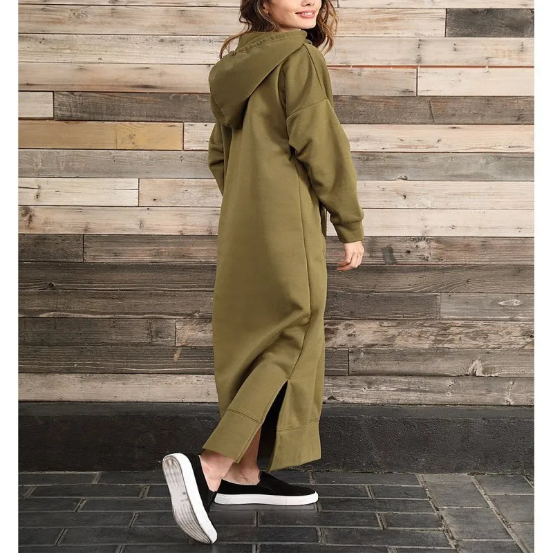 Autumn Winter Women's Loose Knitted Hooded Long Dress Plush Warm Casual Large Pocket Dresses For Women