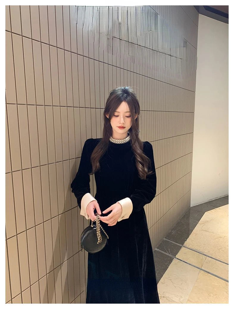 2024 Sweet Woman Party Dresses Korean Vintage Velvet Black Dress Patchwork Robe Elegant Clothes All Match Pearl Vestidos Mujer - Seprincess