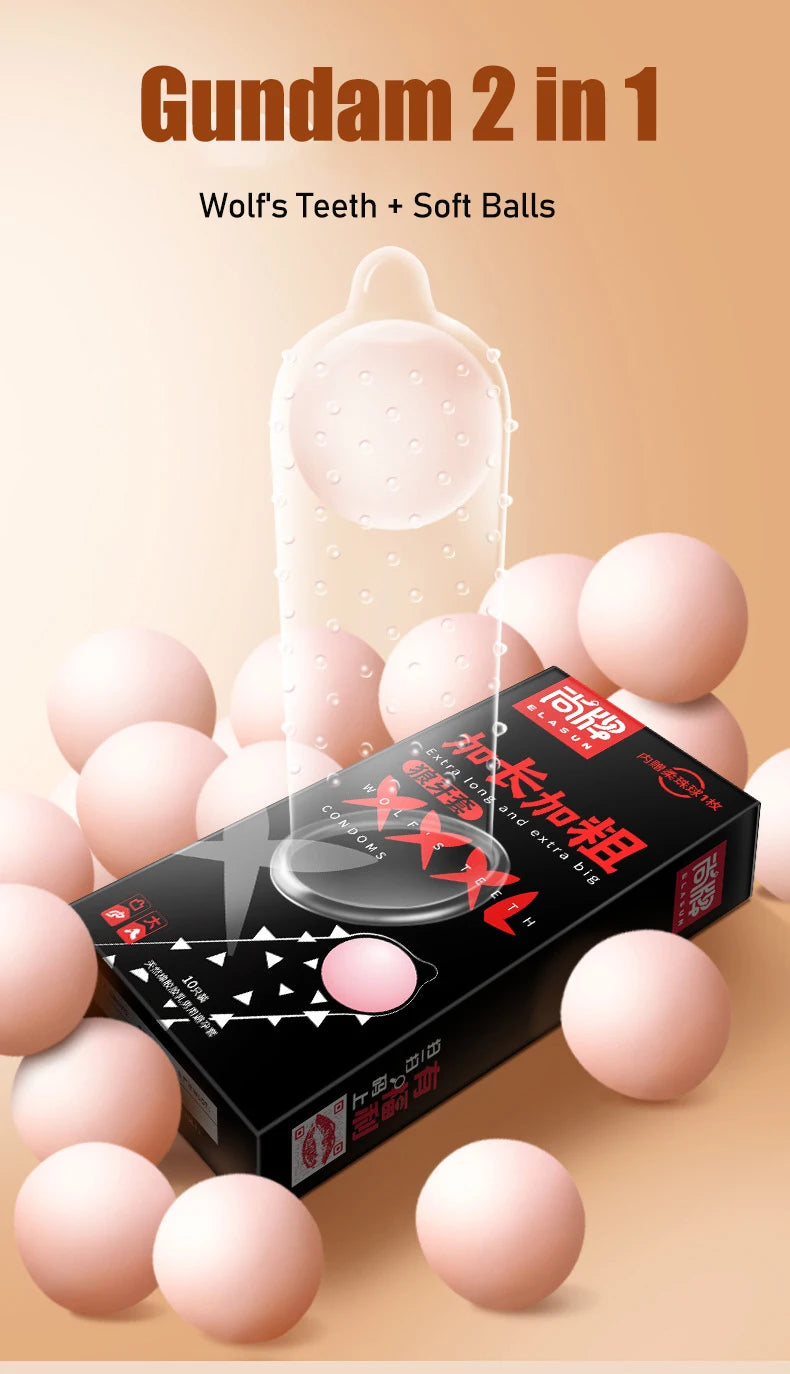 Lengthened Thickened Wolf Teeth Condom Large Particles Penis Sleeve Natural Latex 10pcs Erotic Condom Present 1pcs Soft Beads - Seprincess