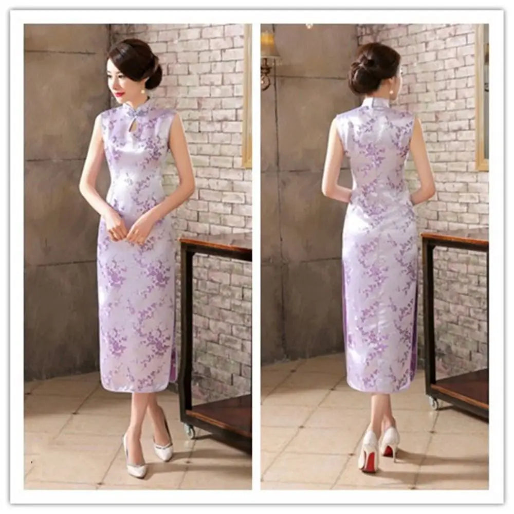 Floral Print Cheongsam Dresses Mandarin Collar Vintage Bodycon Dresses Maxi Chinese Style Chinese Qipao Evening Dress - Seprincess