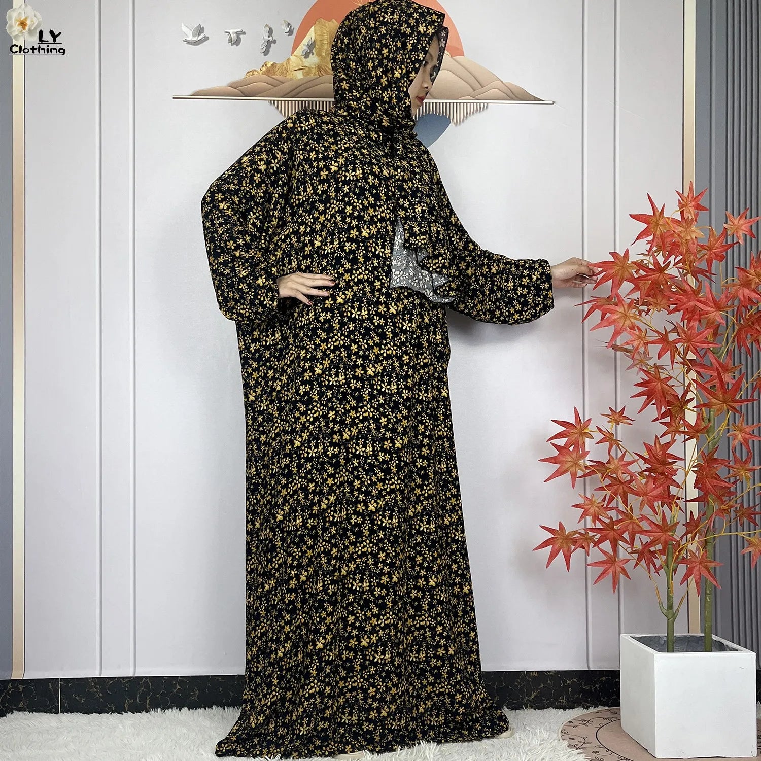 2024Latest Muslim Abayas For Women Ramadan Prayer Maxi Dubai Turkey Femme Cotton Robe Floral Loose African Dress Turban Attached - Seprincess