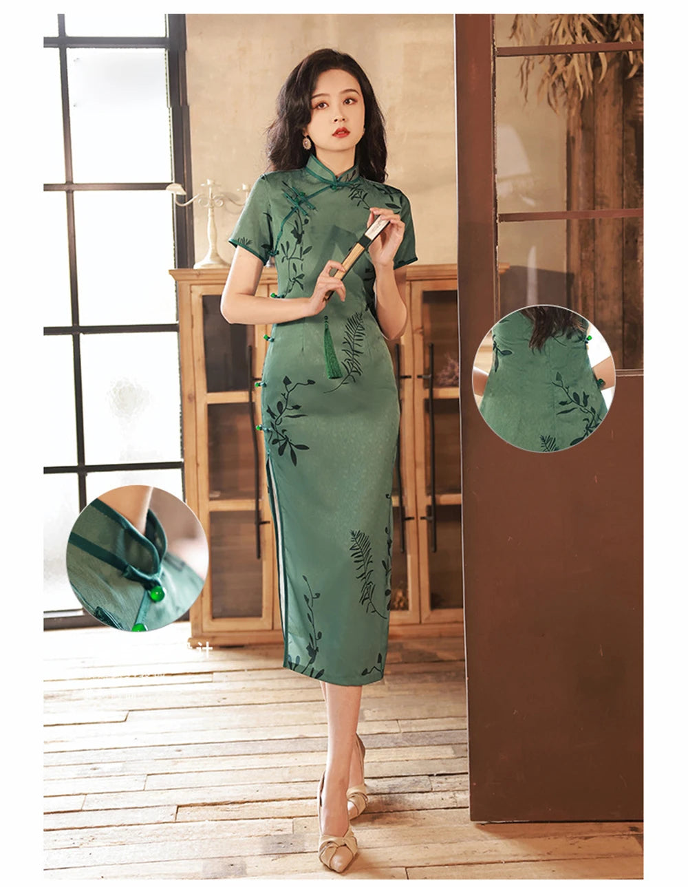 Long Chiffon Cheongsam Vintage Old Shanghai Green Printed Dress Summer Daily Elegant Chinese Traditional Banquet Qipao Chinoise - Seprincess