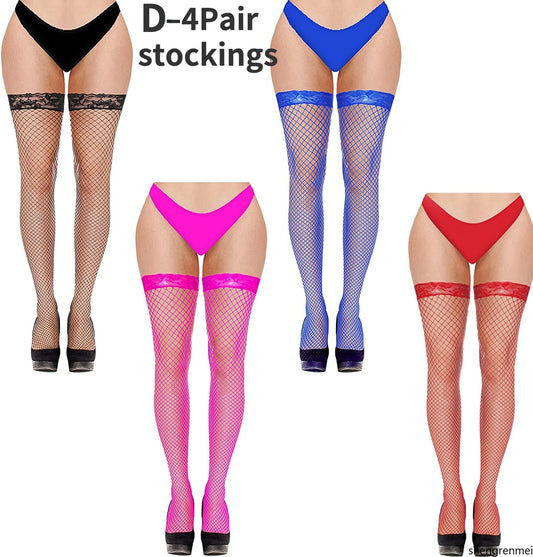 4 Pairs Women Stockings Fishnet Thigh High Top Over The Knee Stocking Sexy Women's Stockings with Lace Top Hosiery Club Wear