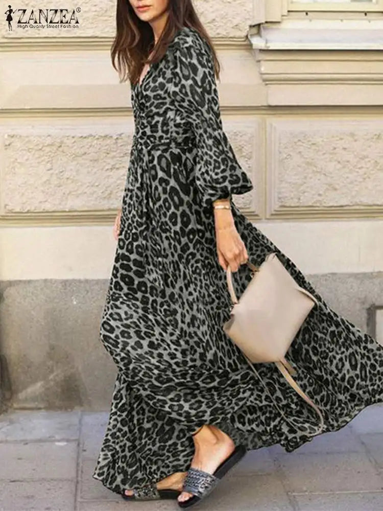 Vintage Women Long Sleeve Leopard Dresses ZANZEA Autumn Sundress Fashion Maxi Long Dress Party Vestidos Female V Neck Print Robe - Seprincess