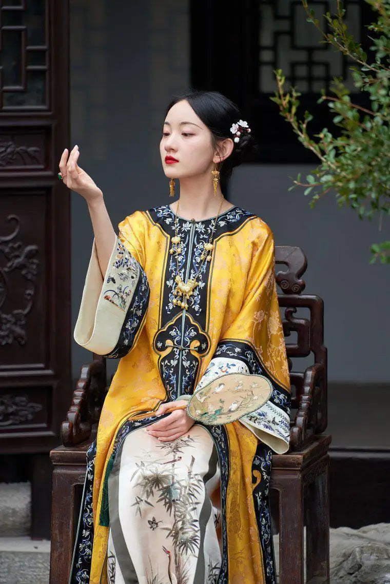 Qing Dynasty Satin Yellow Printed Cheongsam Cloak Chinese Vintage Heavy Industry Horse Face Skirt Original  Qipao Dress Modern - Seprincess