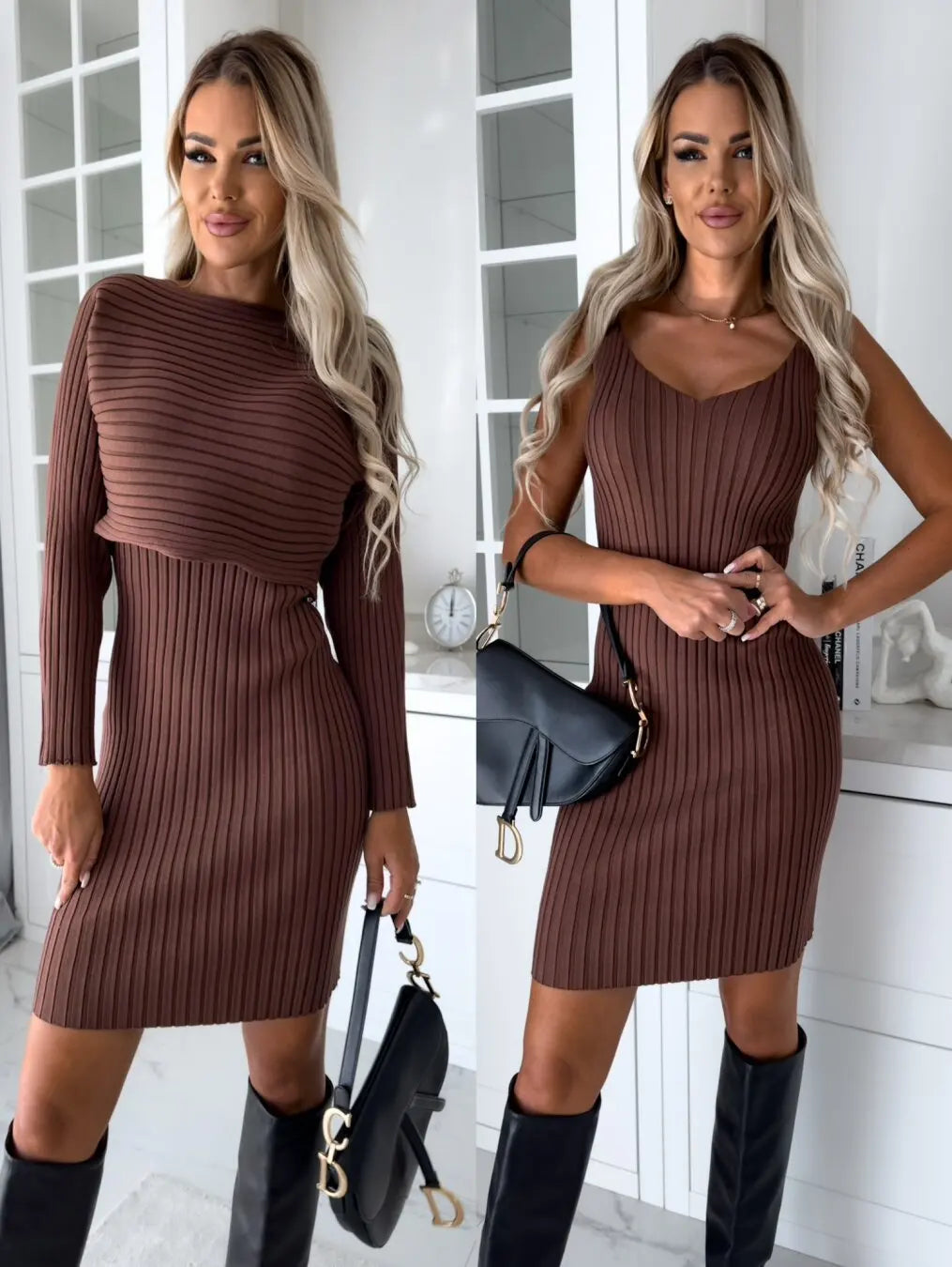 Chic Dress for Woman 2023 Winter Fashion Slim Fit Sexy Solid Two Piece Mid length Women Elegant Knitted Pit Stripe Dress Vestido - Seprincess