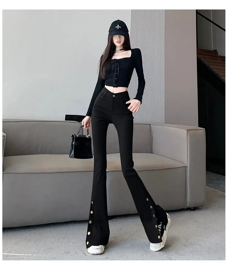 Micro-boot jeans brown buttoned design women's autumn and winter new high-waisted slim straight-leg floor mopping pants