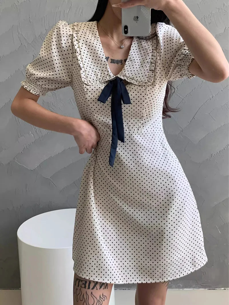 Women Oversized Collar Puff Sleeve Mini Dress With Bow Detail - Seprincess