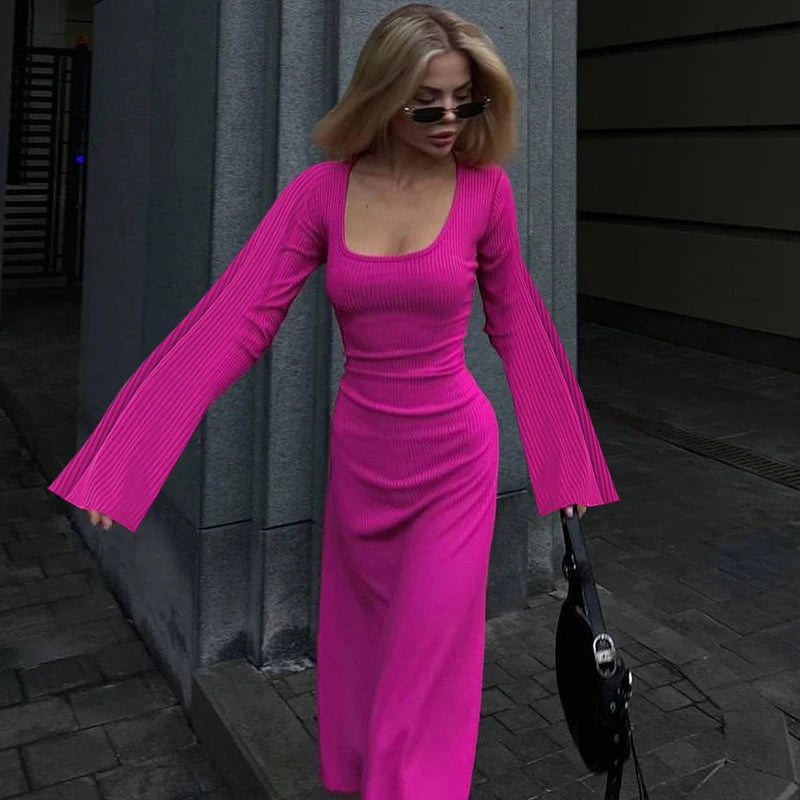 Dulzura Solid Ribbed Trumpet Sleeves Maxi Dress Back Lace-Up Straps Elegant Casual 2023 Autumn Winter For Women Birthday