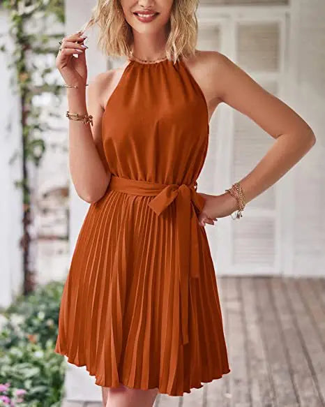 2023 Summer Short Pleated Dress Women Halter Dress Ladies Sleeveless A Line Party Dress For Women - Seprincess