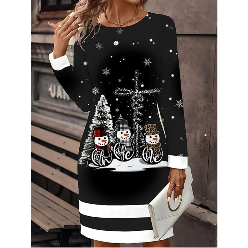 Women Christmas Party Dress 3D Funny Wine Christmas Element Printed Dress 2024 New Autumn Winter Long Sleeve O-neck Casual Dress - Seprincess