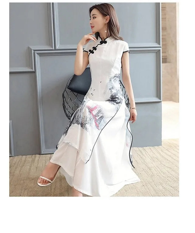 Women Chinese Traditional Hanfu Landscape Painting Cheongsam White Dance Dress Qipao Chiffon Robe Vintage Chinese Style Dresses - Seprincess