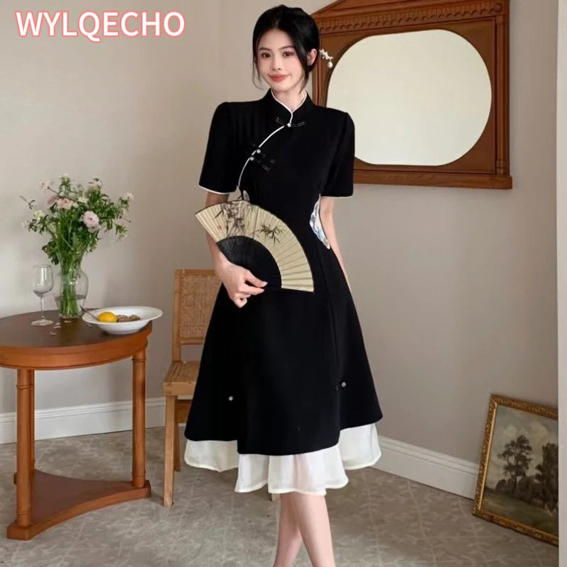 2023 Chinese Improved Hanfu Cheongsam Dress Women A Line Qipao New Fashion Style Short Sleeve Casual Daily Lady Cheongsam Dress - Seprincess