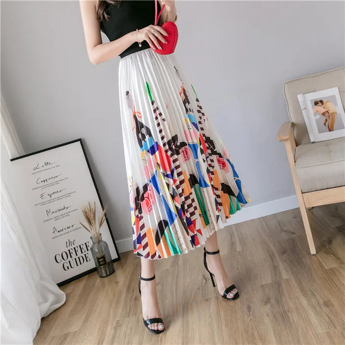 2024 Summer Women Cartoon Print Pleated Skirts A Line High Waisted Elastic Midi Long Skirt Ladies Party Korean Style Dresses