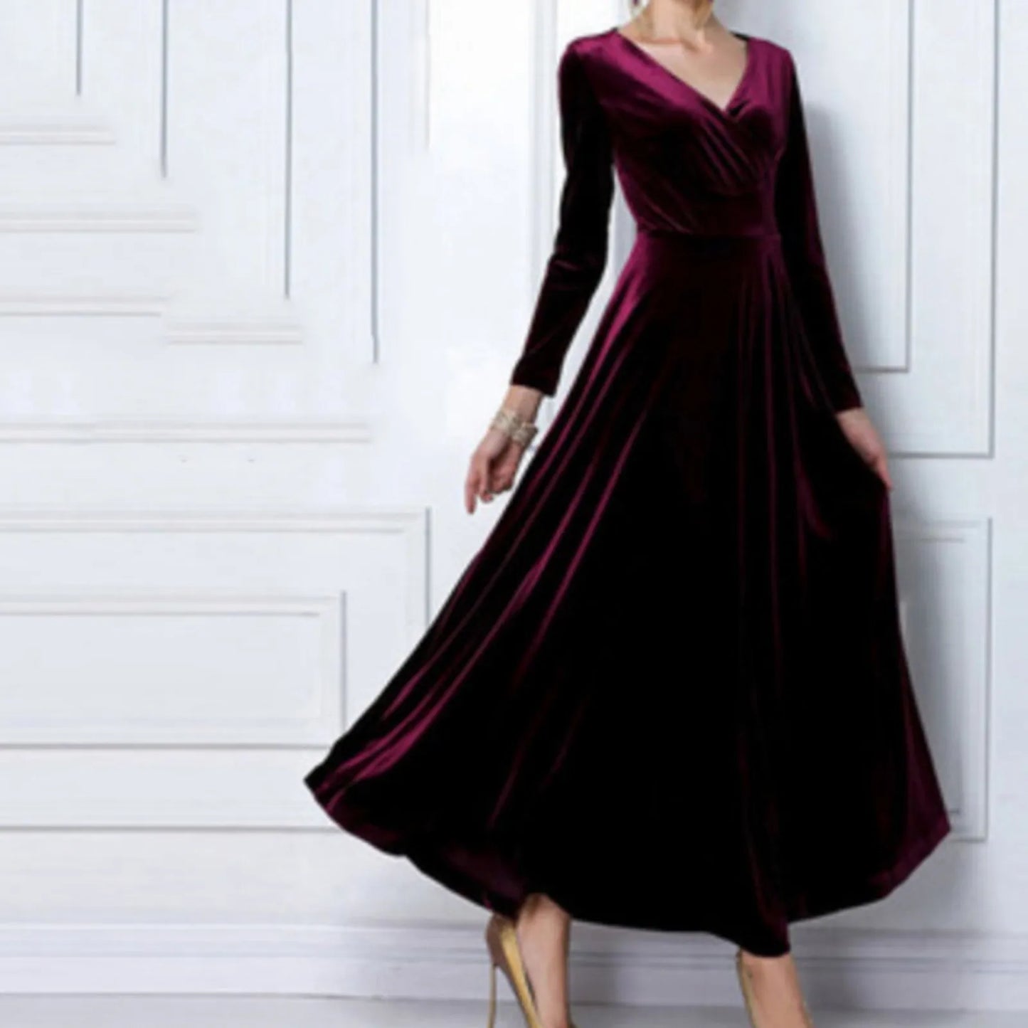 Autumn Velvet Maxi Dress Women Winter Long Party Dress Ladies A Line Velour Elegant Dress for Women V Neck Gold Velvet Dress - Seprincess