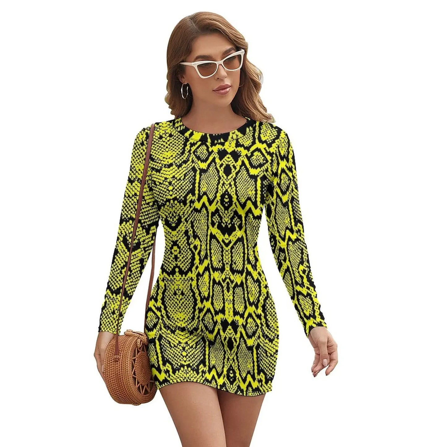 Brown Snake Skin Print Bodycon Dress Autumn  Sexy Dresses Ladies Long Sleeve Graphic Street Fashion Dress Big Size 2XL - Seprincess