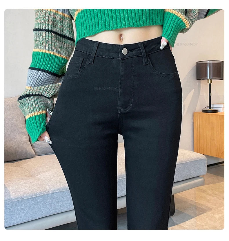 Skinny Jeans Women's Elastic High Waist Slim Fashion Korean Pencil Pants Spring New Leggings Black Gray Light Blue