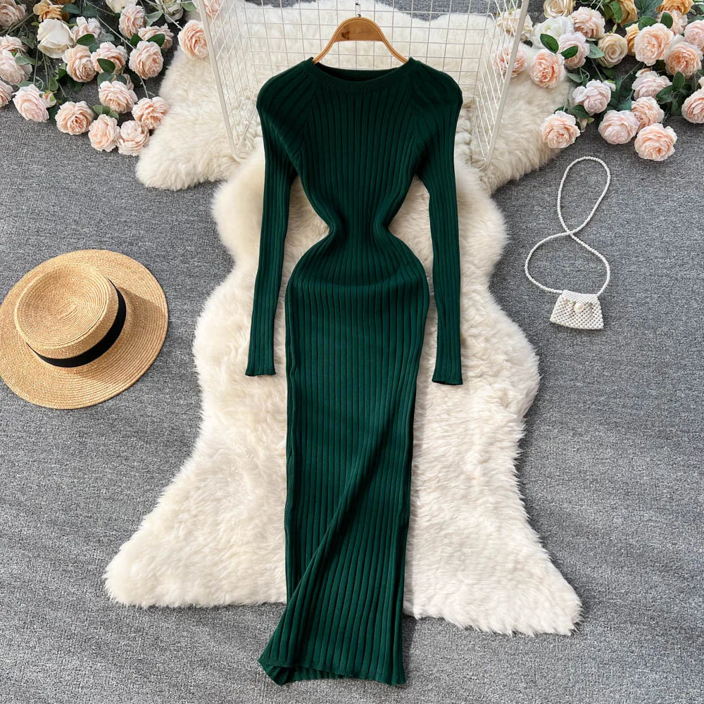 SINGREINY Winter Women Knit Maxi Dress O Neck Autumn Long Sleeve Slim Solid Harajuku Ladies Fashion Pencil Sweater Long Dresses - Seprincess