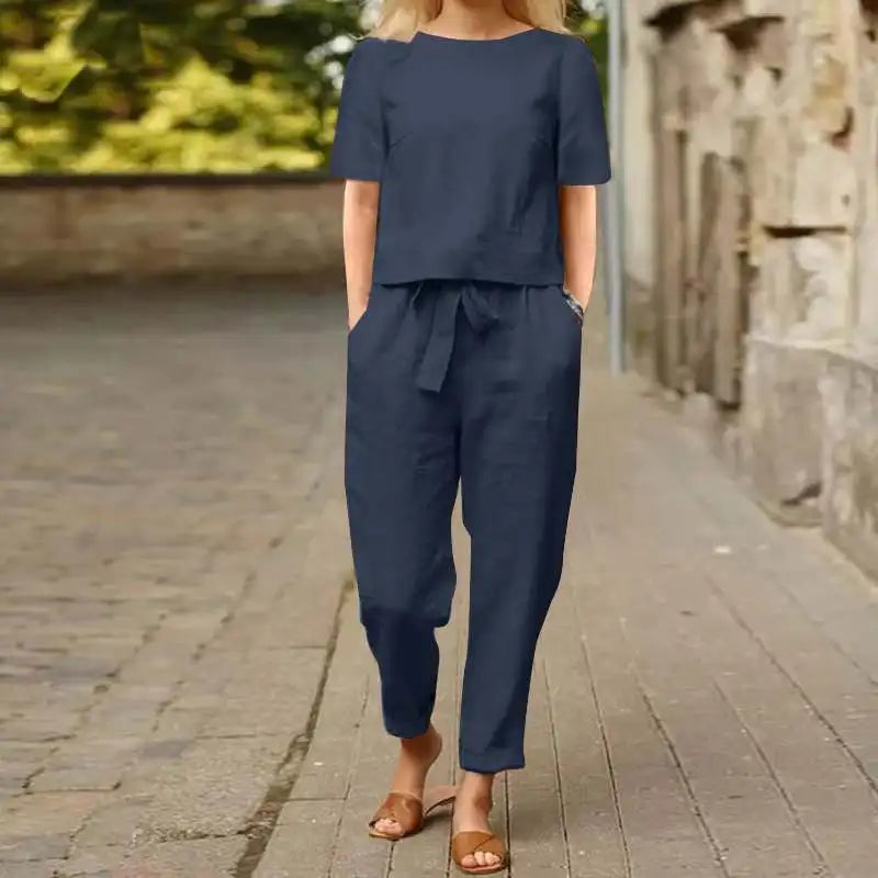 Women's Pullover Shirt And Pants Two-piece Set 2024 Women's Cotton And Linen Summer Suit Short Sleeved O-neck Outfit Pants - Seprincess