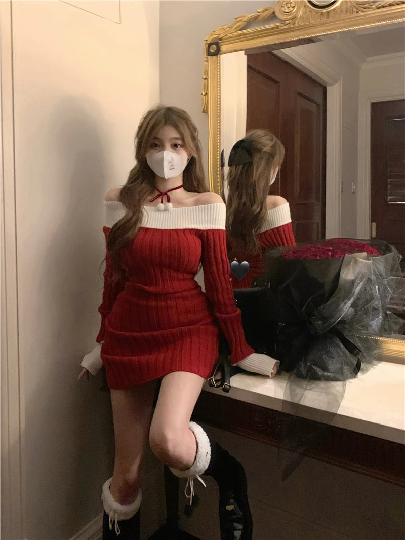 Sexy Red Christmas Dress Women Autumn Winter Korean Style Slash Neck Bodycon Knitted Dresses Female Elegant Y2k Party Mini Dress - Seprincess