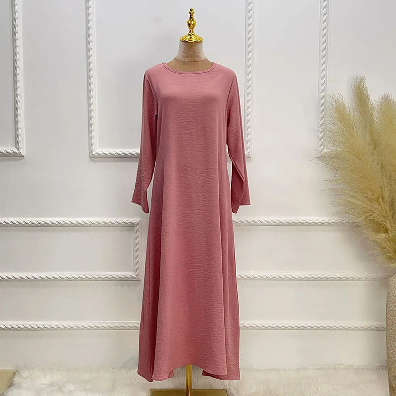 New Abaya Under Dress Long Sleeve With Pockets High Quality Jazz Crepe EID Muslim Women Basic Solid Modest Maxi Islamic Clothing - Seprincess