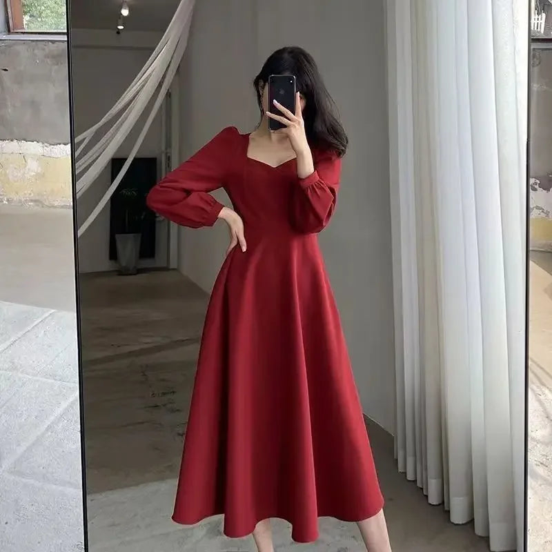 Spring 2022 New Vintage V-neck Long Black Dress Women's Elegant Legging Dress Hebon Style - Seprincess