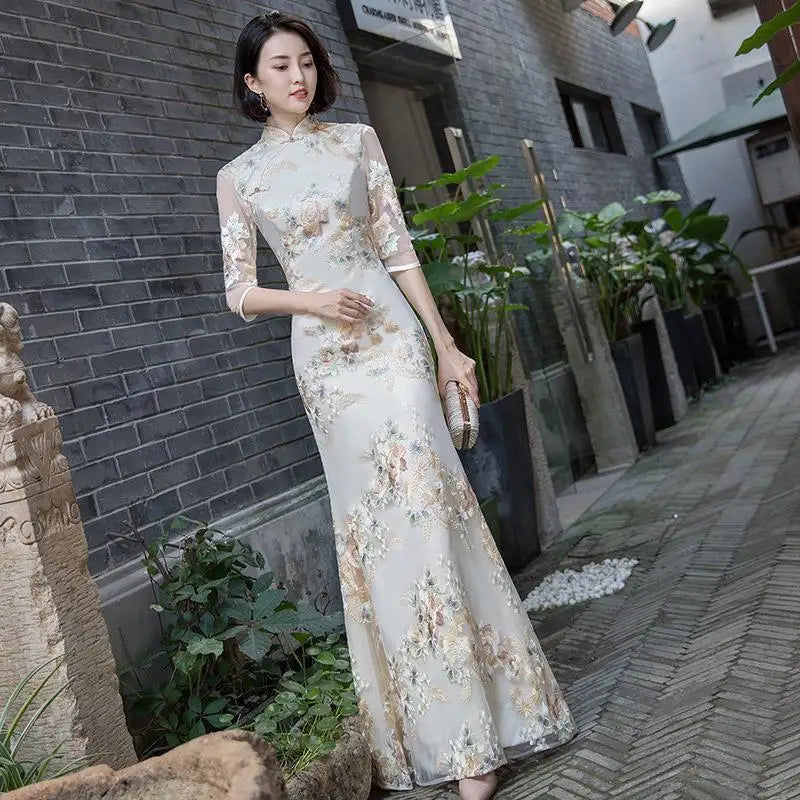 Champagne Sweet Elegant Bridesmaid Dress Women Temperament Formal Party Gown Exquisite Floral Embroidery Novelty Cheongsam - Seprincess