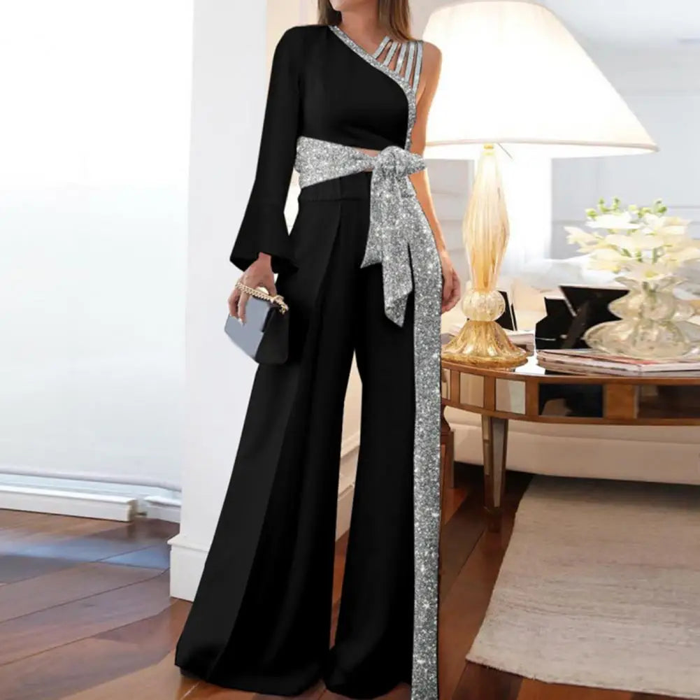 Glitter Trim Elegant Women Outfit One Shoulder Bandage Bowknot Blouse High Waist Wide Leg Pants Set Elegant Office Lady Outfit - Seprincess