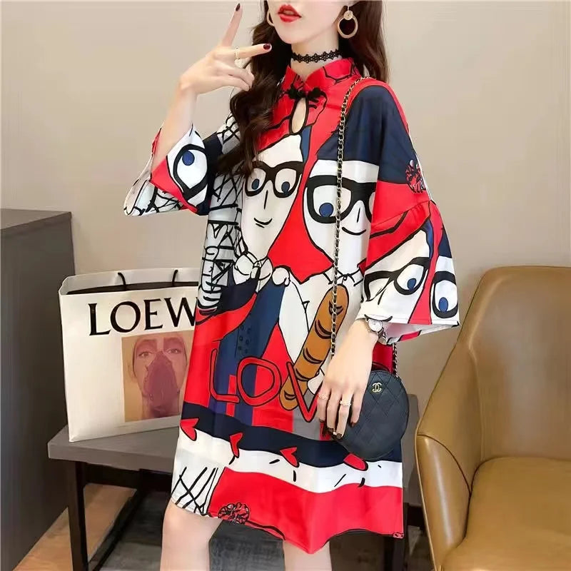 Chinese Fashion Print Dress Women Summer Long Sleeve National Style Cheongsam 2022 Modern Improve Vintage Elegant Loose Qipao