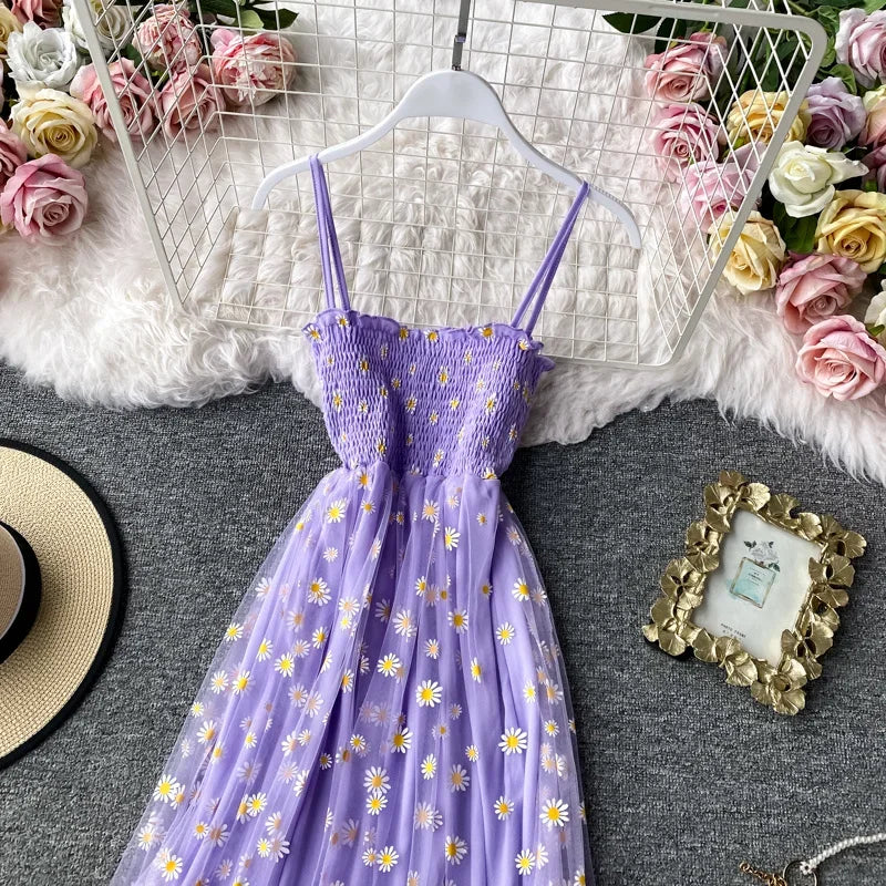 Women daisy Print Dresses Summer Sexy Lace Mesh Dress Spaghetti Strap Ruched Floral Vestidos Korean Style Long Dress - Seprincess