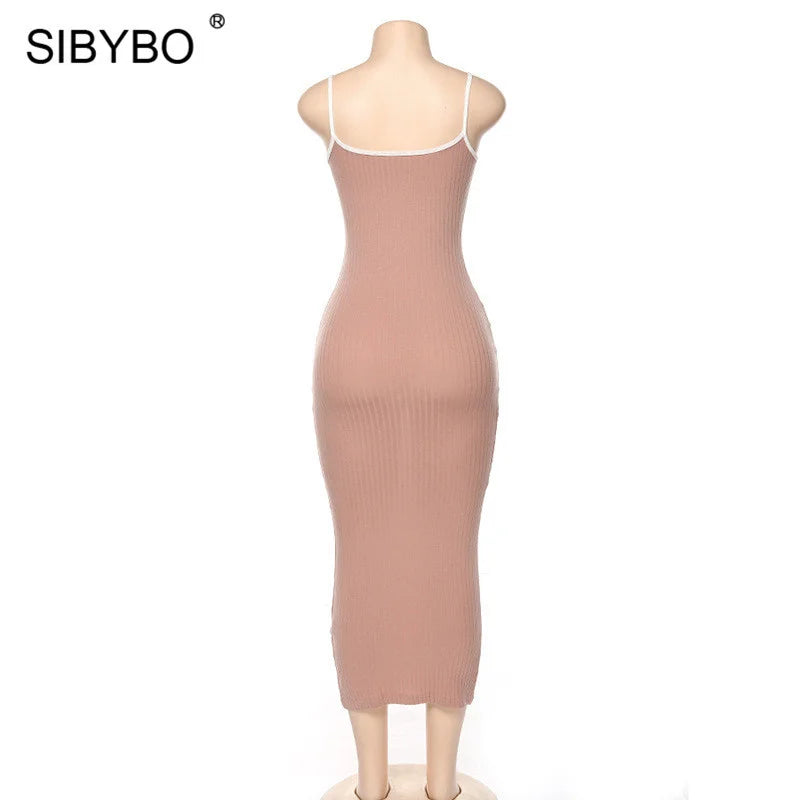 SIBYBO Ribbed Spaghetti Strap Cotton Dress Women Sleeveless O-Neck Summer Dress Solid Backless Long Party Dress - Seprincess