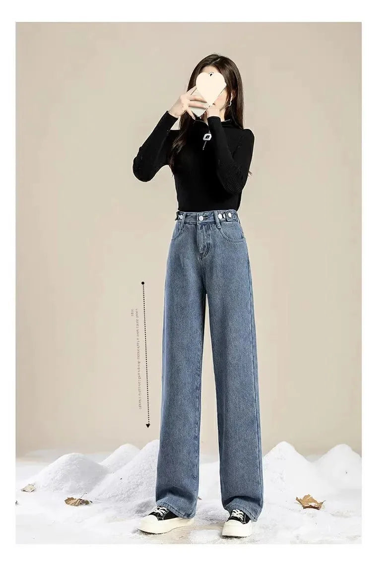 Thickened Fleece-Lined Warm Straight-Leg Jeans Design Adjustable High-Waisted Slimming Bell Bottoms Winter New Arrival