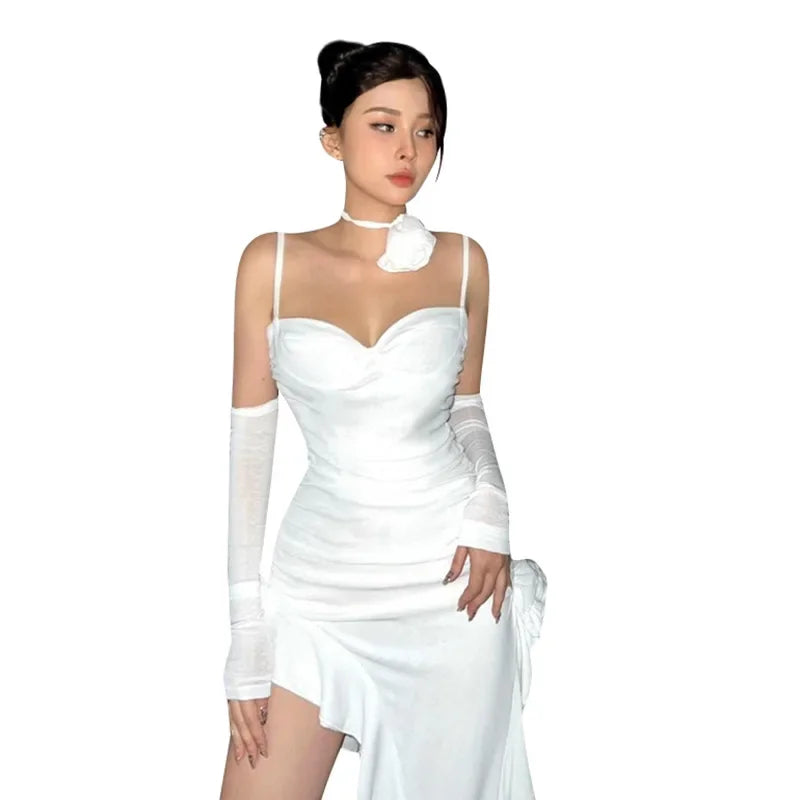 Women Fashion Ruffles Beach Holiday White Midi Bodycon Dress 2023 Summer Sexy Irregular Elegant Evening Party Outfits - Seprincess