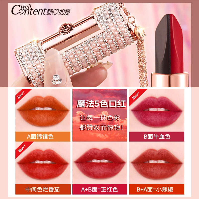 5 In 1 Colors Lipstick Matte Velvet Sexy Red Lip Tint Smooth Long Lasting Waterproof Easy to Wear Magic Lip Makeup for Women - Seprincess